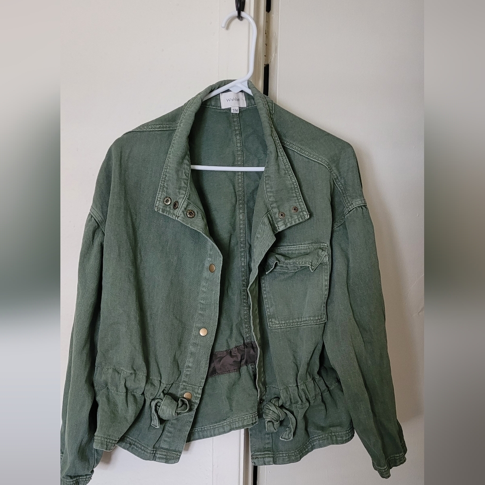 Wishlist women's denim jacket olive green tie front